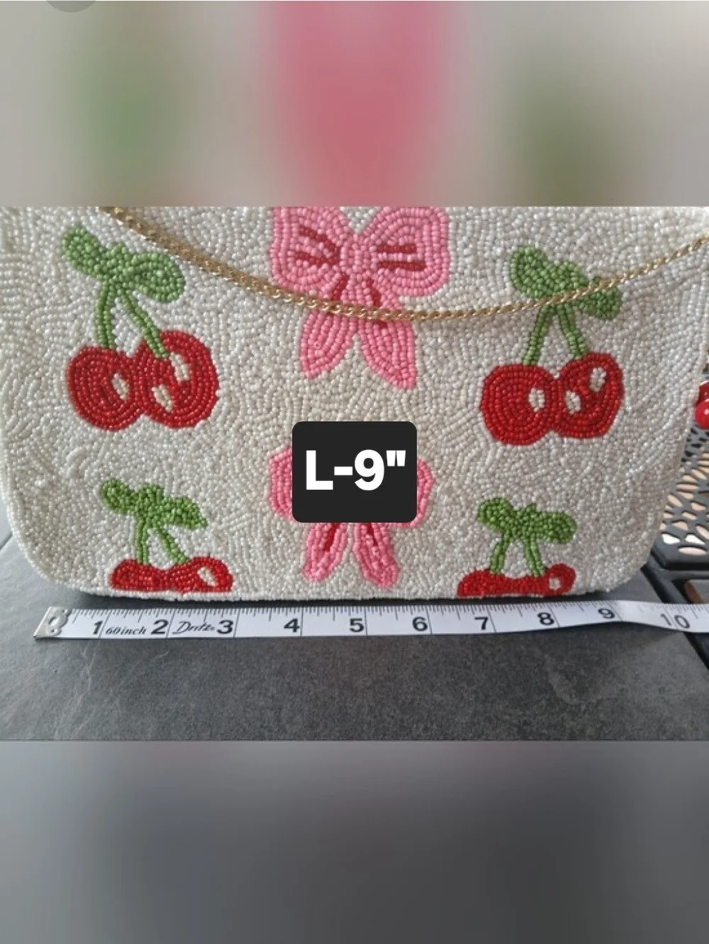 NWOT!Wildfox White Beaded Cherry & Pink Bow Wristlet with Gold Chain